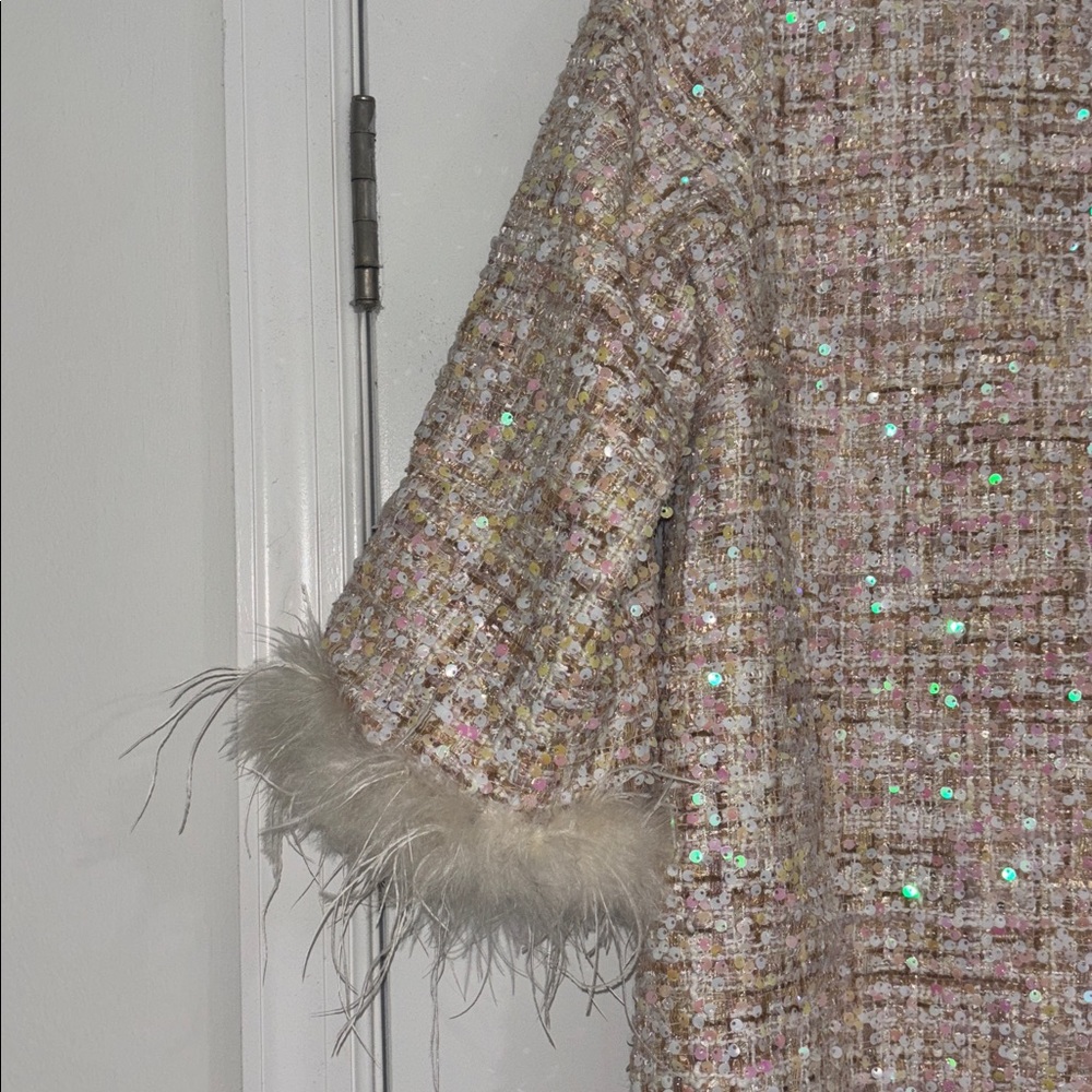 Cream Sequin Tweed Dress with Feather Cuffs - Picture 5 of 9